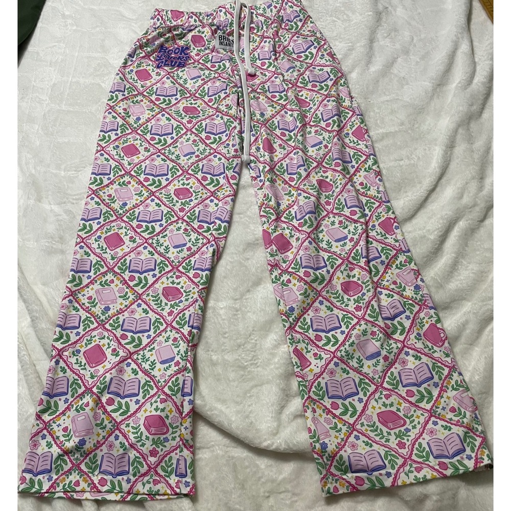 Brief Insanity Pajama Pants Womens Small White Book Lovers Club Floral Lounge S
